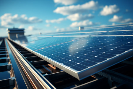 Close-up shot of solar panels generating clean energy on a perfectly clear and sunny dayの素材