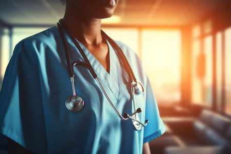 Unrecognizable female doctor with stethoscope in hospital, out of focus interior backgroundの素材
