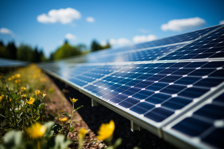 Solar panels against blue sky for eco-friendly sustainable energy technology illustrationの素材