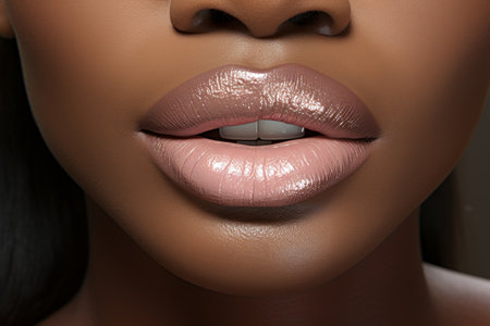 Close-up of beautiful African American womans lips, fashion and makeup concept for commercial useの素材
