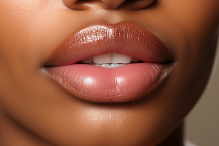 Close-up of beautiful African American woman with stunning afro hairstyle and luscious full lipsの素材