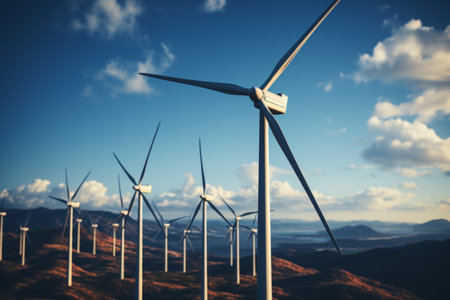 Renewable energy. wind turbines generating sustainable power beneath clear blue skyの素材