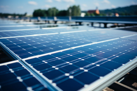 Sustainable energy - solar panels against blue sky for eco-friendly technology illustrationの素材