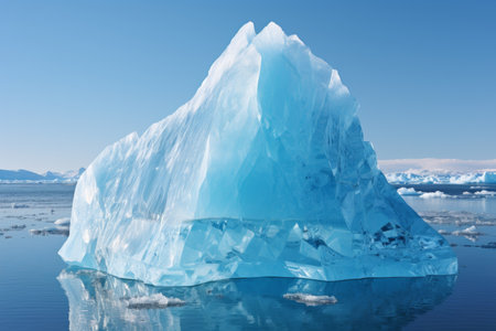Spectacular view of a large iceberg floating in clear ocean water on a snowy dayの素材