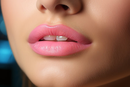 Close-up of lovely womans lips enhanced with flawless makeup for beauty and fashion conceptの素材