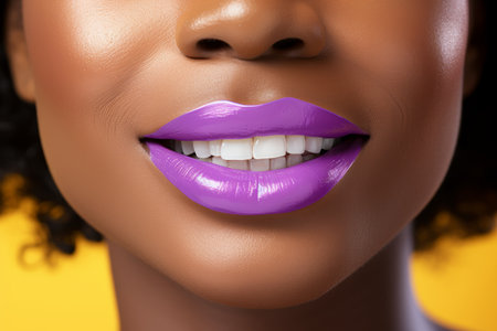 Close-up of beautiful African American woman posing with vibrant lipstick makeup and stunning lipsの素材