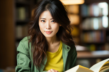 Beautiful Asian woman with a book in the library looking at the cameraの素材