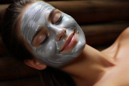 Close-up of womans smiling face with wellness cream mask. Spa health care conceptの素材