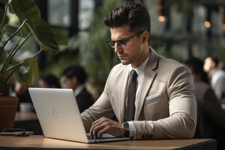 Asian office worker typing on laptop in bright white light green yellow office interiorの素材