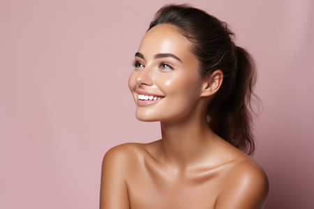 Beautiful afro woman smiling and touching her flawless glowy skin with confidenceの素材