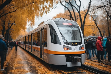Passengers boarding modern train at crowded urban metro station, public transport commute lifestylelの素材