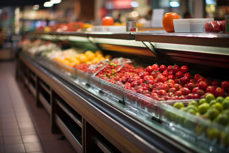Blurred bright interior of large open grocery store aisle with shelves and products displayedの素材