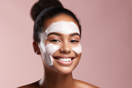 Close-up of smiling woman with wellness cream mask for spa treatments and health care conceptの素材