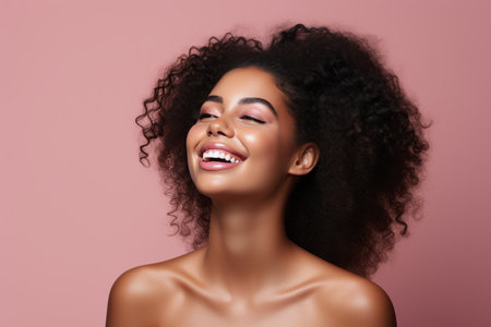Radiant afro woman enjoying her flawless glowy skin, smiling beautifully with confidenceの素材