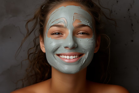 Smiling woman with wellness face mask for relaxing spa beauty and health care treatmentの素材