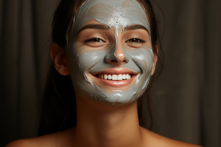 Smiling woman with wellness cream-mask for face. Spa treatment, health care concept.の素材