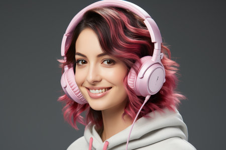 Face of a cheerful young girl with short red hair in white trowel listens to music in pink headphonesの素材