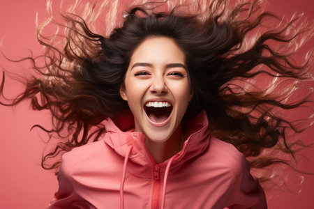Happy asian woman in pink attire. Lifestyle concept with mockup space for designの素材