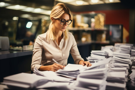 Busy office worker woman doing overtime with many documents scattered in the officeの素材