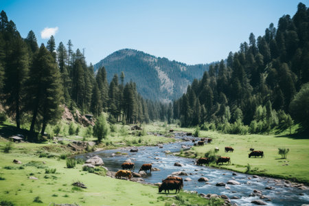 Beautiful river winding through dense pine forest with towering mountains on a sunny dayの素材