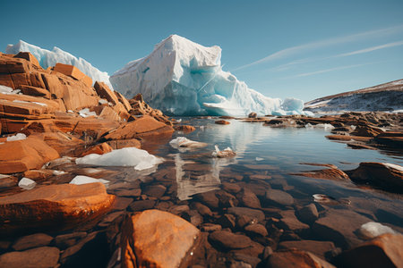 A large snowy iceberg on the shore on a clear day. Melting glaciersの素材
