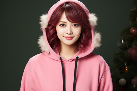 Happy asian woman in pink clothes dancing and listening to music with headphonesの素材
