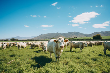 Herd of cows grazing on lush green hills in the mountains on a clear summer day, scenic viewの素材