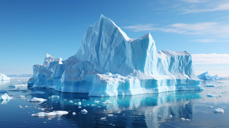 Majestic large snowy iceberg in the stunning blue ocean on a crystal clear dayの素材