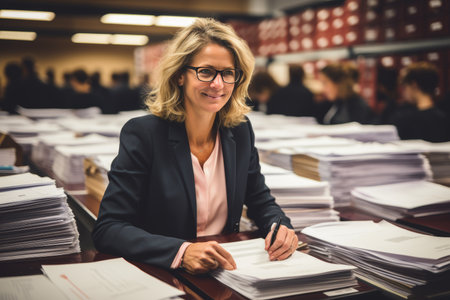 Busy 40-year-old businesswoman checking documents, reading financial reports and tax invoicesの素材