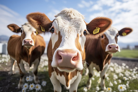 Close-up view of a cows head grazing in a golden field on a beautiful summer dayの素材