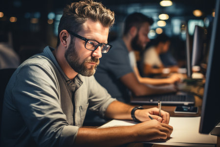 Stressed office worker man in glasses overwhelmed with excessive workload and tasksの素材
