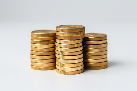 Close-up stacks of isolated coins - savings and finance concept on white backgroundの素材