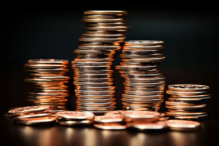 Close-up stacks of coins on black background savings finance accumulation insuranceの素材