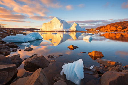 Melting glaciers. large iceberg on shore on clear day, climate change and global warming conceptの素材