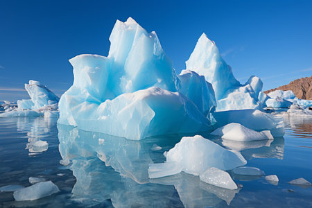 Massive snow-covered iceberg majestically drifting in the azure waters on a crystal clear dayの素材