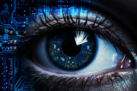 Close-up of eye and new technology inside with display concept and ai integrationの素材