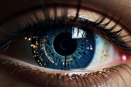 Close-up of human eye revealing cutting-edge ai technology for enhanced display and eye healthの素材