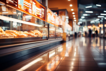 Defocused blurry bright interior of large open grocery store in shopping mall, retail backgroundの素材