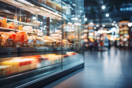 Blurred bright interior of a spacious grocery store in a busy shopping mall settingの素材
