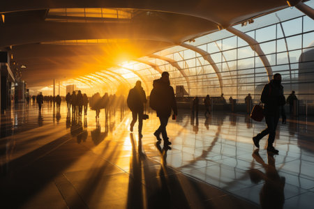 Blurred bright crowd of people in out of focus image at airport terminal, motion blur of travelersの素材