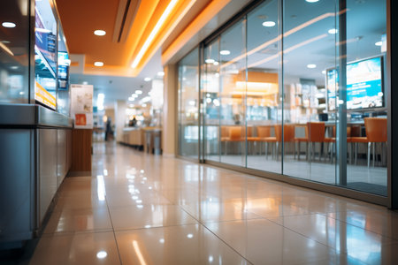 Blurred interior of large grocery store in shopping mall with shelves and aislesの素材