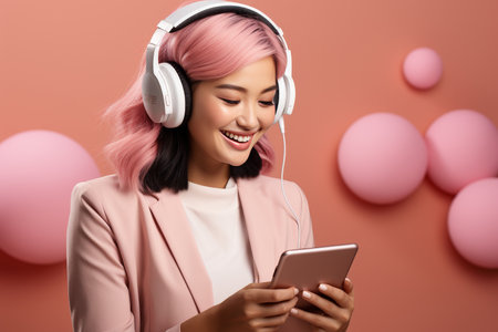 Cheerful young Asian woman in pink formal clothes in white headphones on a pink background looks at the tablet. People image conceptの素材