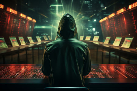 Russian hacker in hood with computer screen and matrix of numbers. Hacking and technology conceptの素材
