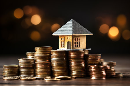 Model house on money stack. symbolizing saving for real estate and financial stabilityの素材