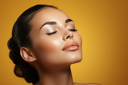 Happy afro american woman smiling and touching her flawless glowing skin with joy. SPA and beautyの素材