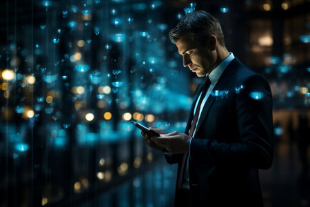 Businessman using smartphone to chat with artificial intelligence chat bot for ai technology conceptの素材