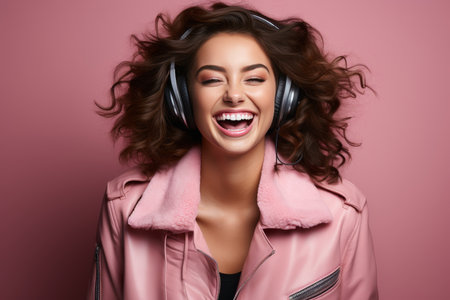 Happy girl in pink clothes smiling and listening to music on headphones in pink studioの素材