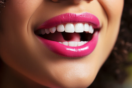 Close-up of beautiful afro woman with glossy lips, african american beauty conceptの素材
