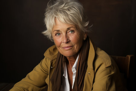 Portrait of joyful elderly woman in a plain white t-shirt smiling and posing in a studio settingの素材