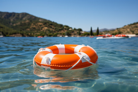 Orange lifebuoy floating in endless ocean under vast blue sky, tranquil scene of safety and hopeの素材